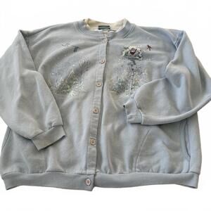 Cabela’s Cardigan Womens Medium Blue Winter Scene Birds Button Up Cozy